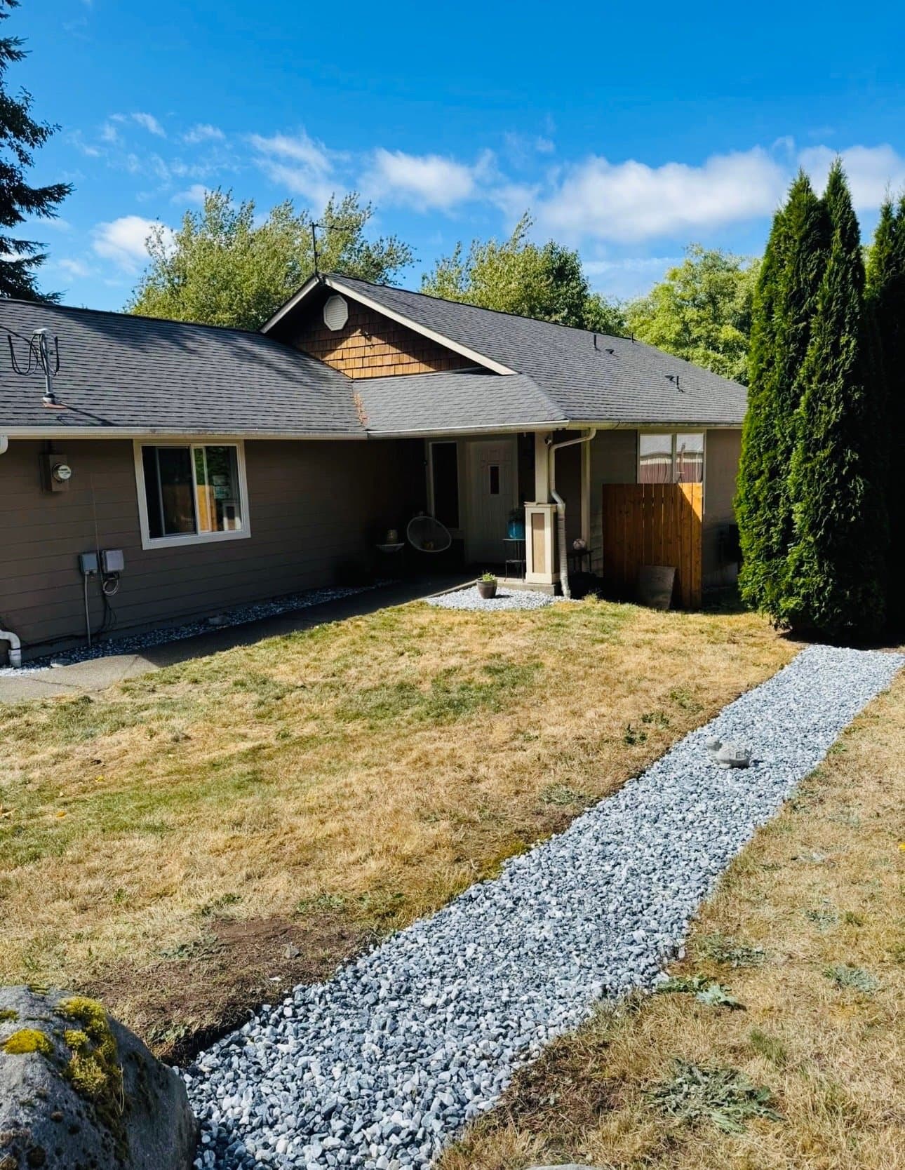 Trimmed arborvitae hedge along a front yard rock drainage channel